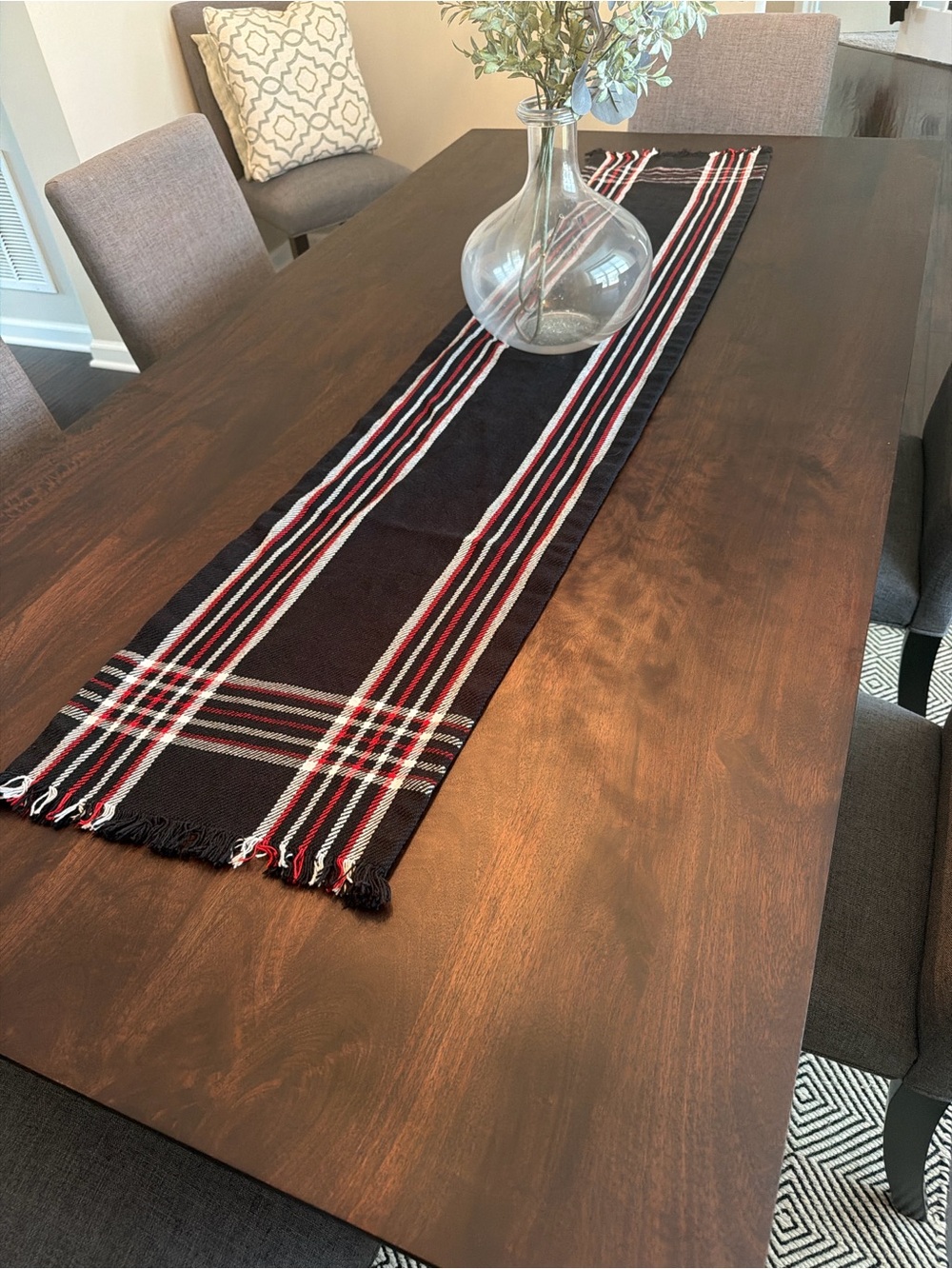 Black Plaid Table Runner with Red and White Stripe Accents